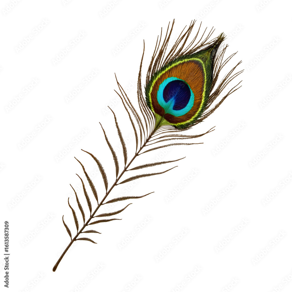 Obraz premium Vibrant Peacock Feather Isolated on White Background