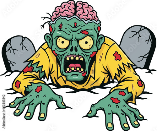 A cartoon zombie crawls from its grave, exposed brain, angry expression.
