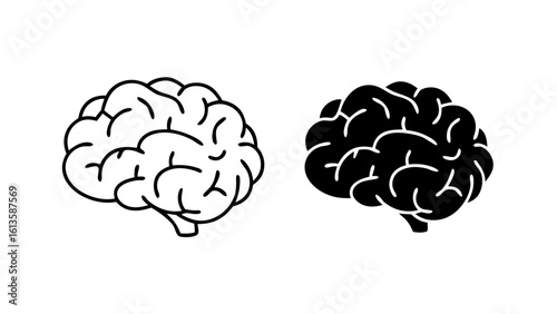 Human Brain Icon in Outline and Solid Black Vector Style.