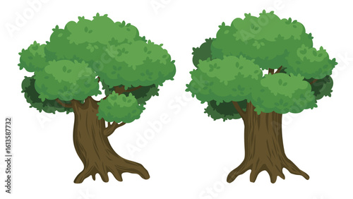Cartoon-style large trees with lush green leaves and textured trunks