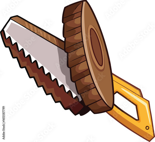 Brown wood saw with yellow handle and log slice cutting