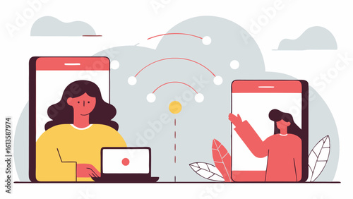 Koncepcyjna ilustracja pracy zdalnej i komunikacji online. Dwie kobiety na wirtualnym spotkaniu, połączone za pomocą smartfonów.
