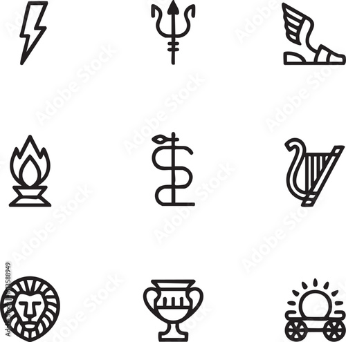 Greek mythology vector icon set outline icons,editable stroke zeus,poseidon,hermes,asclepius,apollo,hera,lion,trophy,helios
