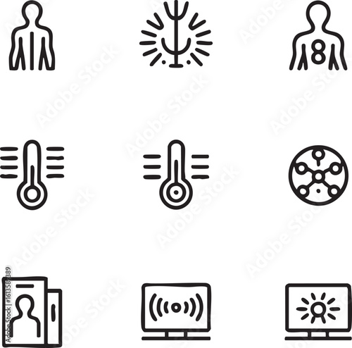 Health and medical vector icon set line style adjustable stroke body,acupuncture,fever,temperature,virus,identification,signal,monitor icon set