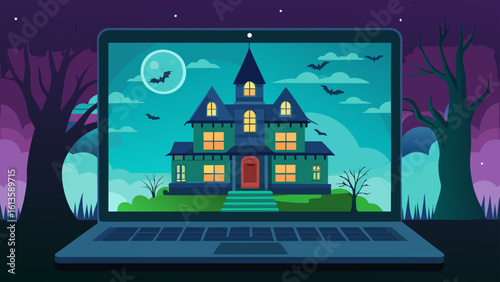 Laptop screen displaying a spooky haunted house with bats and a full moon in a halloween themed scene