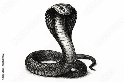black and white venomous cobra with spread hood, close up of snake face and hood detail, serpent illustration