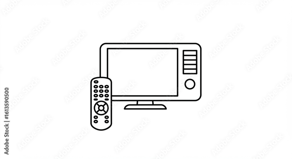 Outline drawing of a television set with a remote control showing a classic design and simple features Outline drawing of a television set with a remote control showing a classic design and simple features