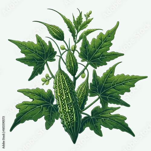 Vibrant botanical illustration showcasing a bitter melon plant with its leaves, stems, and distinctive fruits.  The image highlights the plant's detailed structure and the deep green hues.