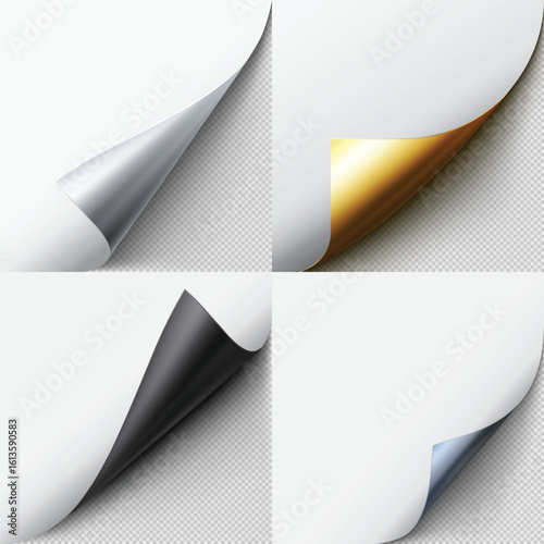 Curled paper corner with black, gold, blue and silver reverse side, vector set of realistic white paper page turn corner
