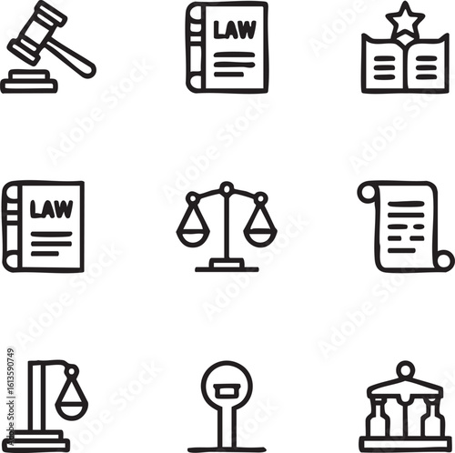 Law and justice vector icon set outline style gavel,law book,scales of justice,scroll,court,legal,judgement,regulation,verdict,statute,icons