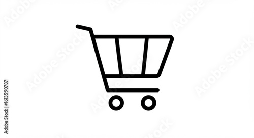 Illustration of a simple black shopping cart with a handle and two wheels on a white background