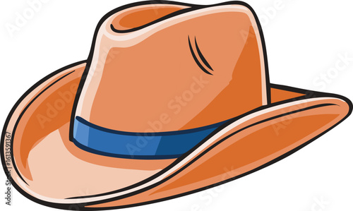 A cartoon illustration of a classic orange cowboy hat with a blue band.