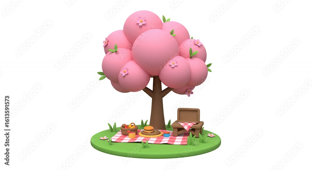 Naklejka premium Whimsical pink tree picnic scene