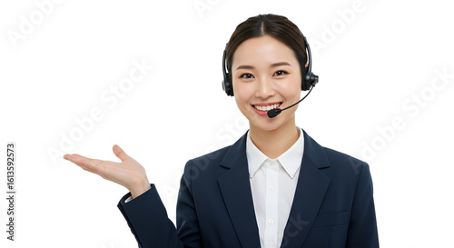 Friendly Asian call center operator with a headset smiling and presenting, offering professional customer service support isolated on white background.