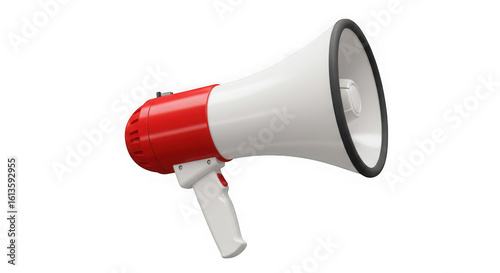 Red and white megaphone with black trim isolated on transparent background