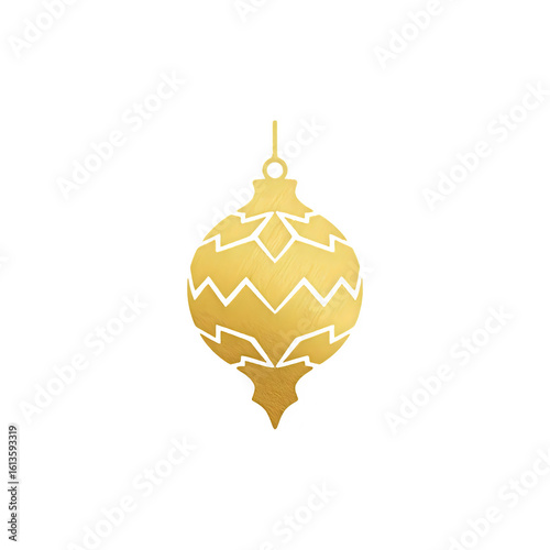 Elegant golden christmas ornament with intricate white geometric patterns suspended against a clean white background for festive decoration
