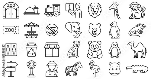 Zoo Icons Set Outline Style Vector Illustration Animals Attractions Information Tickets Landmarks Facilities Conservation Education Wildlife Diversity Safari Adventure Line Art