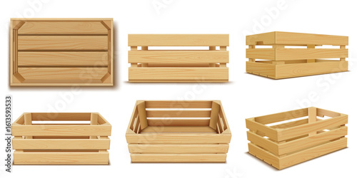 Set of realistic wooden crates from different sides, from the side and from the top.