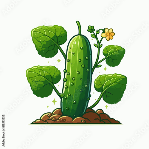 Stylized drawing of a cucumber plant emerging from the ground, complete with leaves, a flower, and a glistening cucumber.