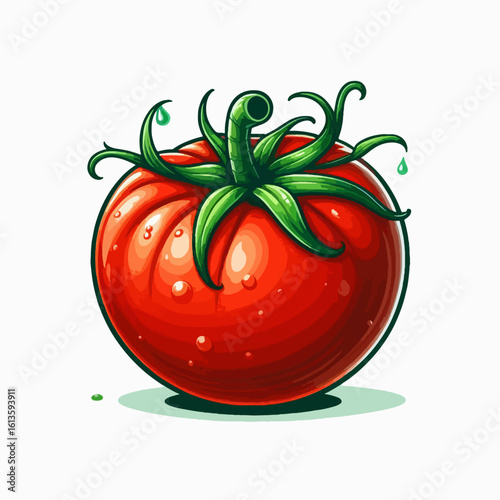 Digital illustration of a whole, red tomato, complete with stem, leaves, and water droplets, presented against a white background.