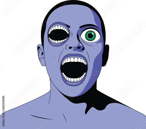 Distorted Face with Missing Eye and Open Mouth Vector Illustration for Horror Art