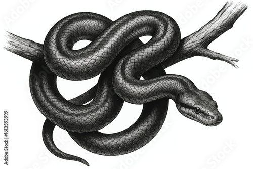 realistic snake drawing in black and white, artistic depiction of a serpent on a tree branch
