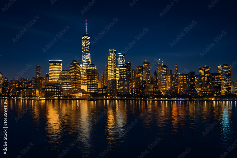 Obraz premium New york city skyline at night with lights and water reflection view
