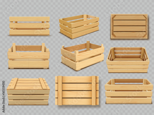 Realistic wooden boxes vector set, timber crate for storage and transportation, delivery of food products and freight