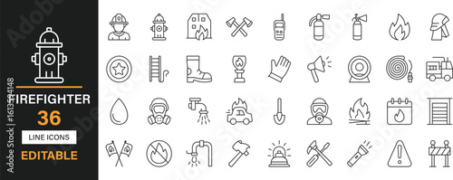 Firefighter line icon set featuring 36 editable stroke icons. Includes fire hydrant, alarm, gear, helmet, tools, ladder, flame, truck, safety symbols, and more.