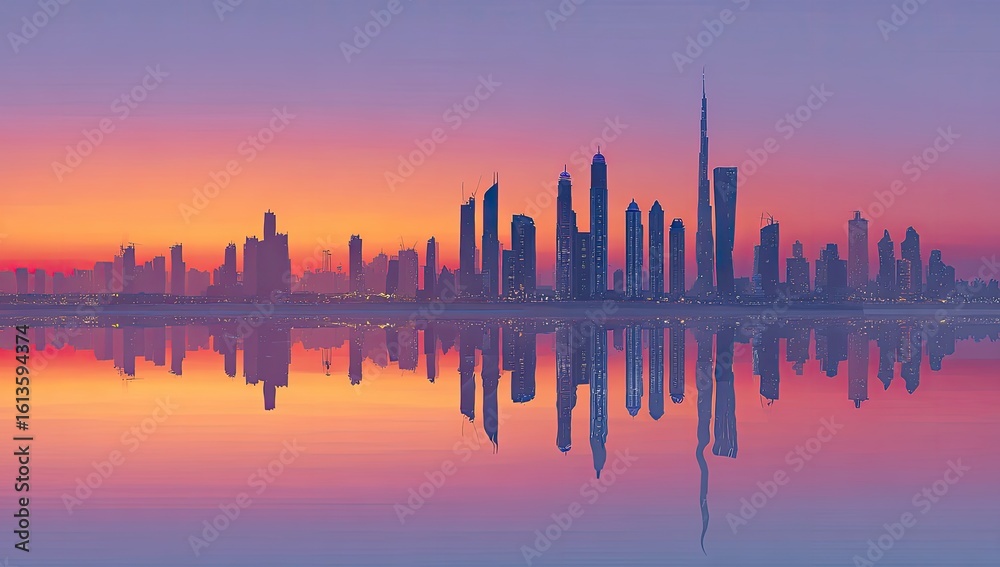 Naklejka premium City skyline at sunrise, reflected in water