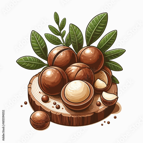 Cluster of whole and halved macadamia nuts, arranged on a circular wooden slice with greenery. The image is detailed and highlights the nuts' texture and coloring.