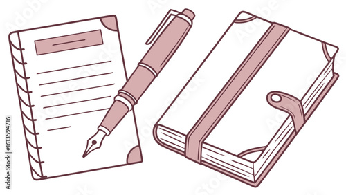 Illustration of a spiral notebook with a pen and a bound notebook with a strap closure design