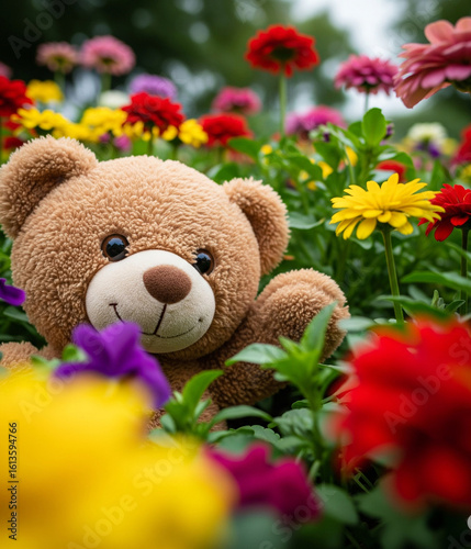 A cute, fluffy brown teddy bear sitting with a bouquet of red flowers, a soft and cuddly childhood gift