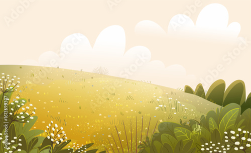 Sunny Open Meadow with Flowers and Bushes Nature Landscape. Summer or autumn open space grassland rural countryside. Vector nature scenery background, hand drawn in watercolor style.