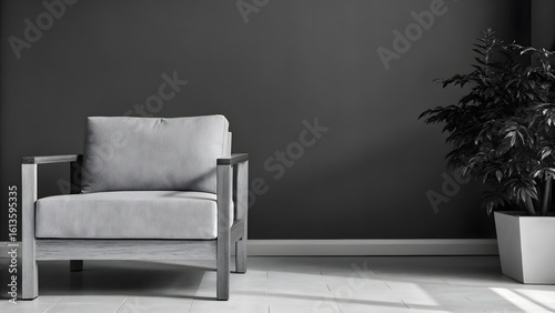 Modern armchair and potted plant against a dark wall in a minimalist room