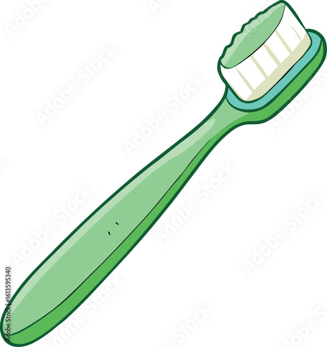 Green toothbrush with white bristles and blue accent vector