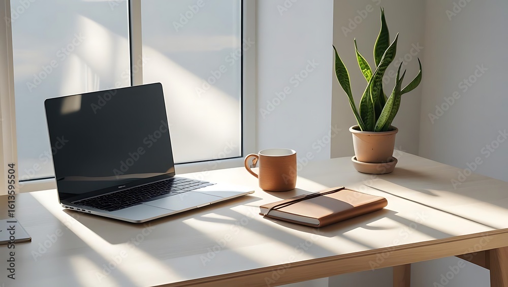 Fototapeta premium Bright and clean home office setup. A laptop and coffee mug on a white desk bask in morning sunlight from a window.