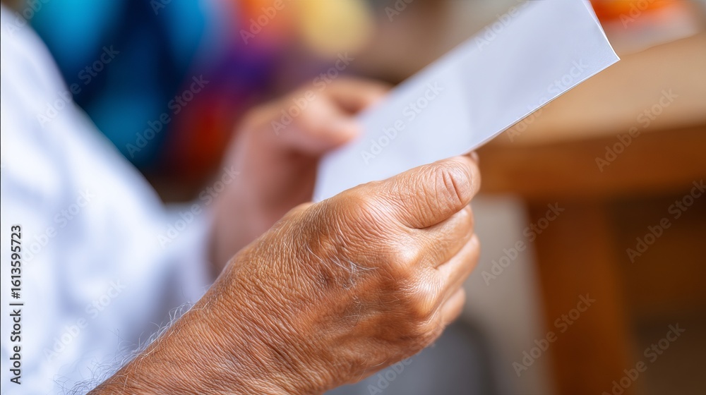 Obraz premium Close-up of elderly hands holding a letter, showcasing textured skin and gentle grip, with a blurred background of colorful objects and a wooden table, conveying emotion and nostalgia