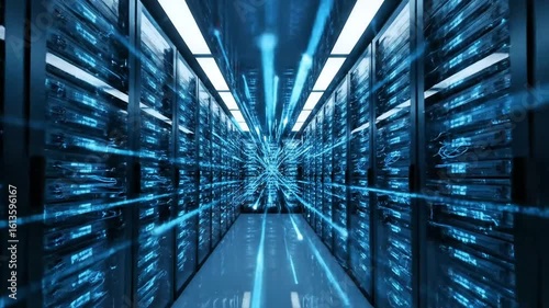 Futuristic blue data server room with glowing light streaks and digital information flow representing, data center, server room, technology, digital, futuristic, network, internet, cyberspace, informa
