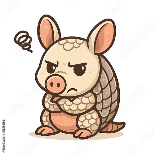Grumpy armadillo cartoon mascot frowning