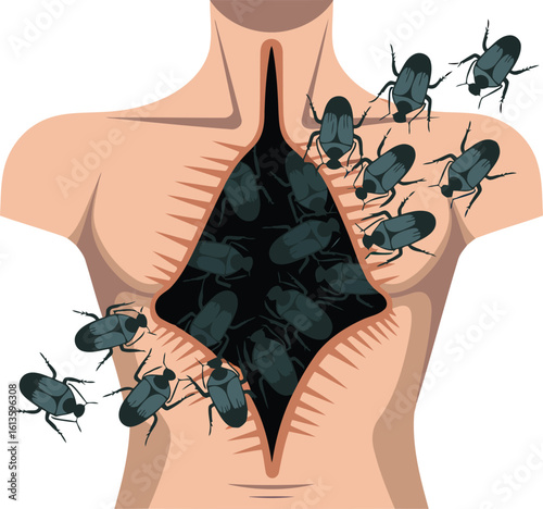 Human Torso Ripped Open Revealing Beetles Crawling Inside on Transparent Background Vector