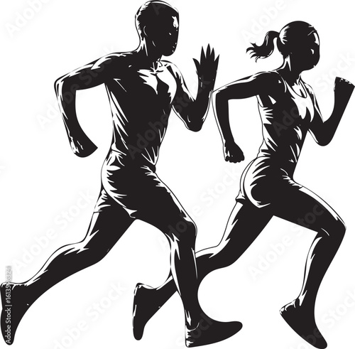Silhouettes of a Male and Female Runner Sprinting Against a Checkered Sky Background Vector Drawing