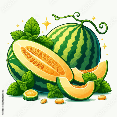 Digital illustration of a whole watermelon and cantaloupe slices, adorned with mint leaves, arranged on a white background.  The image is detailed, showing vibrant colors and textures.