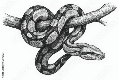 Realistic sketch of a snake coiled around a tree branch, showcasing its detailed scales and patterns in black and white