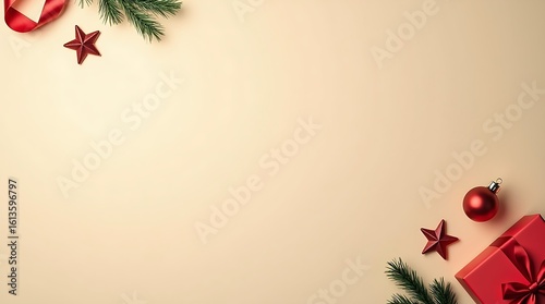 Minimalist Christmas Flat Lay with Pine Branch and Ribbon