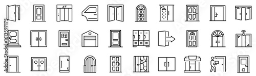 Set of 30 outline icons related to door. Linear icon collection. Editable stroke. Vector illustration
