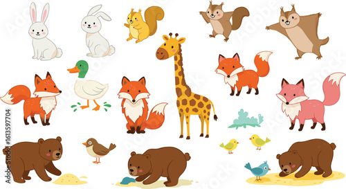 Cute woodland animals, cartoon forest creatures, playful wildlife illustration, baby animals drawing, bear fox rabbit squirrel giraffe duck bird, kids animal clipart design vector