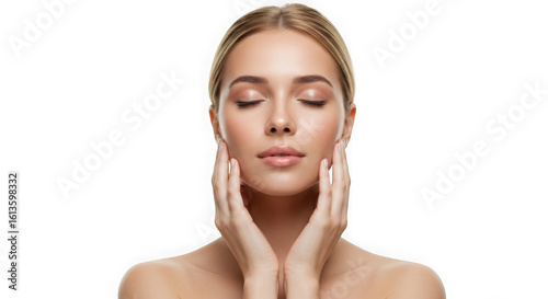 Beautiful woman with eyes closed touching her face gently isolated on transparent background