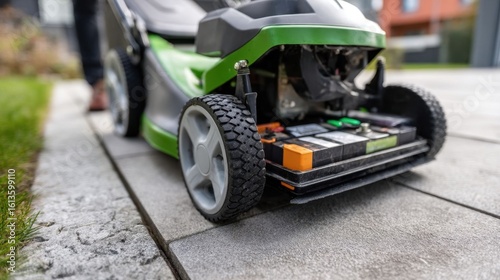 Close-up of electric mower battery.