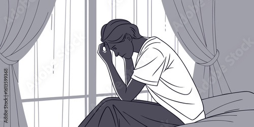 Person sitting by window looking down with head in hands vector